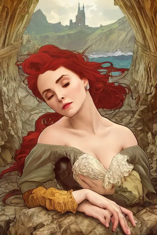 Prompt: a hyperdetailed matte painting of triss merigold as a princess asleep on a bed in a tower, window overlooking cliffs and crashing waves in the background, highly detailed, deep focus, elegant, digital painting, smooth, sharp focus, ultra realistic, 8 k, art by artgerm and alphonse mucha