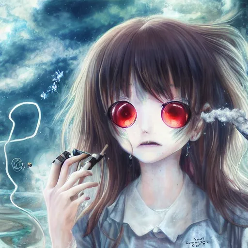 Prompt: big eyed shoggoth anime-girl smoking a cigarette hyperreality painting by amano yoshitaka, lilia alvarado 8k hd hyperdetailed deviantart shoggoth meat slime smoking a cigarette lovecraftian horror shoggoth