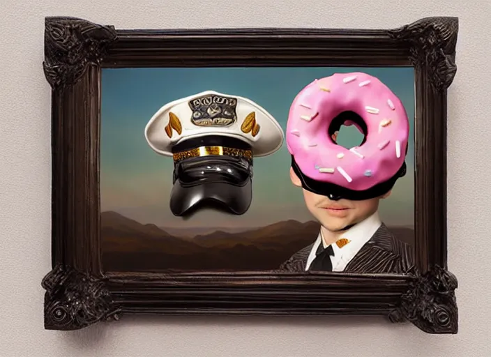 Prompt: a donut wearing a cop hat, lowbrow, matte painting, 3 - d highly detailed, in the style of mark ryden,