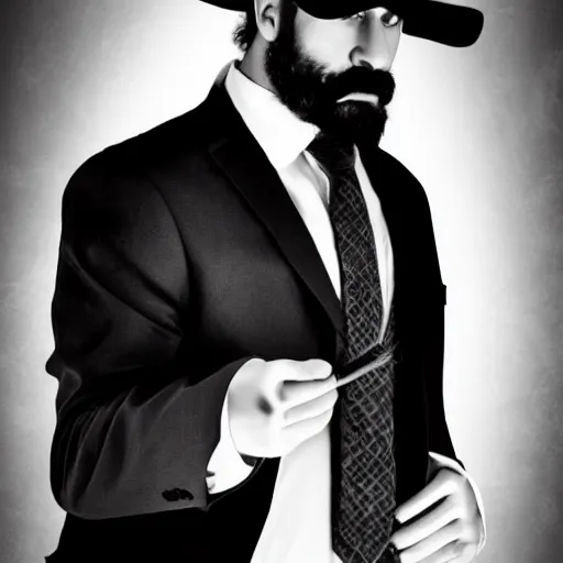 Prompt: bearded rugged man, noir detective, suit and tie, 4 k, photo realistic, black and white