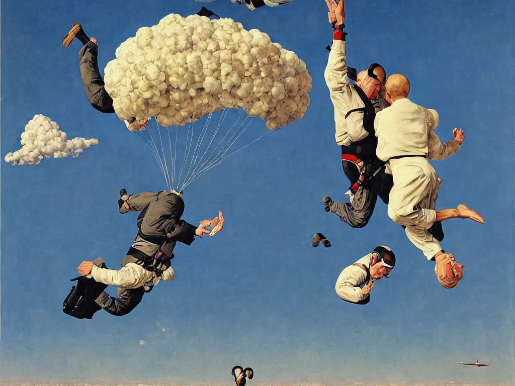 Prompt: benjamin netanyahu skydiving, plane and parachute in background, by norman rockwell and rene magritte, highly detailed