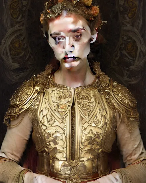 Prompt: a 16-year old girl who resembles Ana de Armas and Saoirse Ronan, dressed in ornate, detailed, intricate golden armor, detailed oil painting by William Adolphe Bouguereau and Donato Giancola