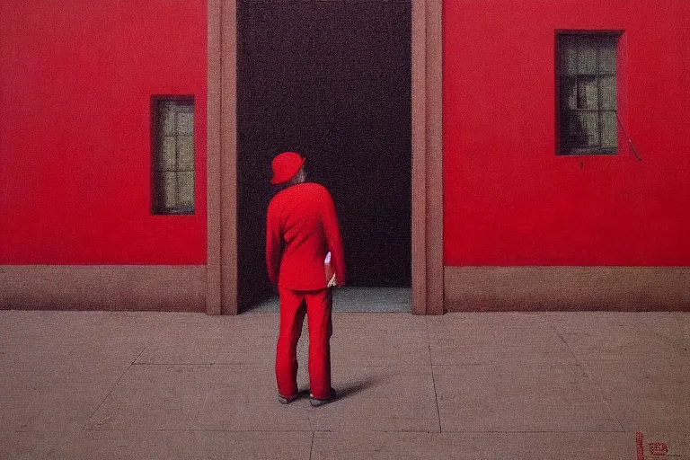 Image similar to only with red, a red old stylish man try to sell a portrait, crowd cheering, in a city square, in the style of beksinski, parts by edward hopper, parts by rodcenko, parts by yue minjun, intricate and epic composition, red by caravaggio, insanely quality, highly detailed, masterpiece, red light, artstation, 4 k