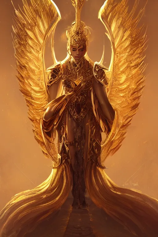 Image similar to grand mage in golden armor with intricate angelic wings, WLOP, concept art, digital painting, trending on artstation, highly detailed, 8k UHD, artgerm