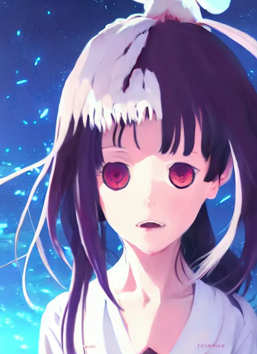 Image similar to portrait of a very cute girl with crazy eyes big, very cooldere anime space yandere background illustration concept art anime key visual trending pixiv fanbox by wlop and greg rutkowski and makoto shinkai and studio ghibli and kyoto animation