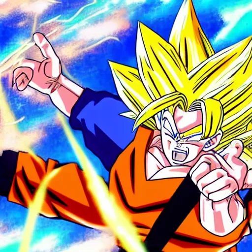 Image similar to vegetto from dragon ball throwing a kamehameha against donal trump, drawn in adward winning anime style