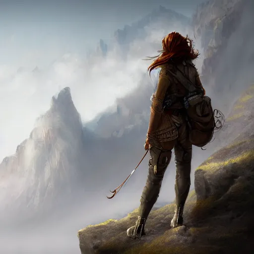 Image similar to highly detailed beautiful digital portrait painting of an adventurer woman facing away from the camera, looking at cliffs and mountains in the distant fog, trending on artstation, cgsociety