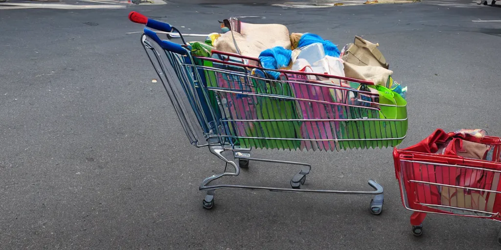 Image similar to a homeless person's shopping cart filled with dirty belongings, photorealistic