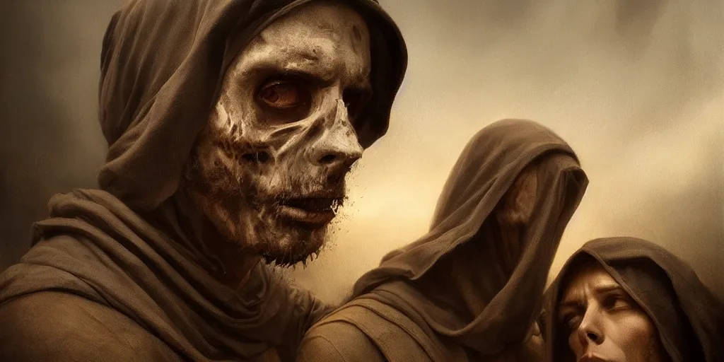 Prompt: beautiful oil matte portrait painting, black plague and the grim reaper, wonderful masterpiece highly detailed, beautiful cinematic light deep focus, elegant, digital painting, smooth, sharp focus, golden ratio, dramatic illumination, ultra realistic, 8 k, art by salvator rosa