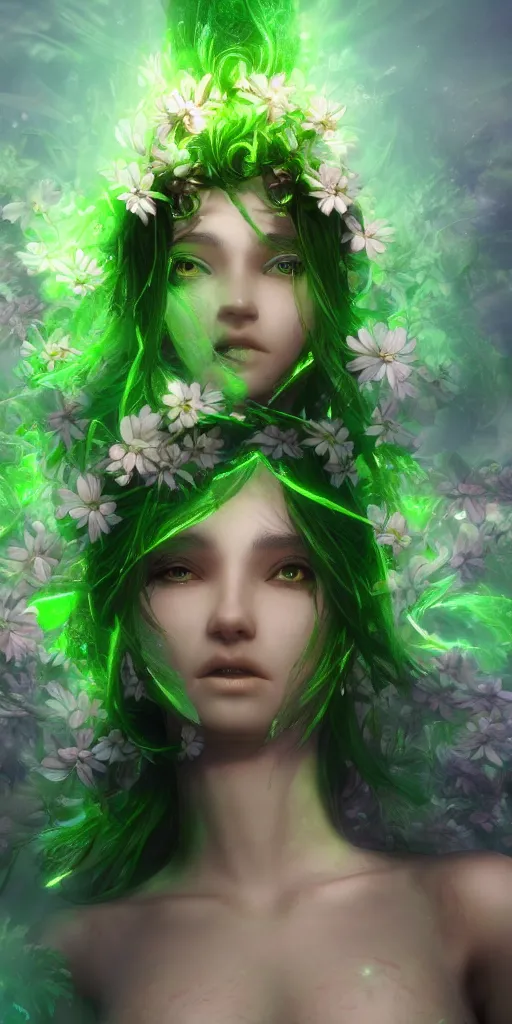 Image similar to flower goddes, concept character, beautiful, stunning, green mist, radiating power, energy, god rays, luminescence, fractal, unreal engine, 8k