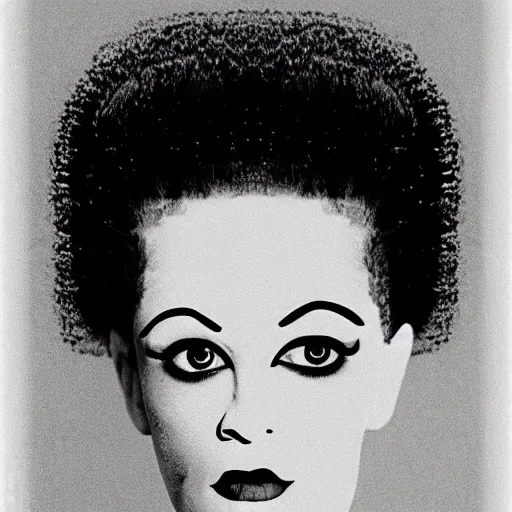 Image similar to symmetrical human portrait of bride of frankenstein as marge simpson, grainy high contrast black and white photography photo print ilford warm tone