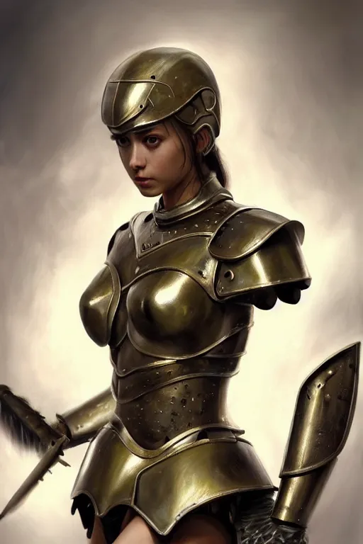 Image similar to a photorealistically painted portrait of an attractive young girl, partially clothed in metal-plated battle armor, with an abstractly painted background, flawless olive skin, fair complexion, long dark hair, beautiful bone structure, perfectly symmetric facial features, perfect photorealistic eyes, natural physique, intricate, elegant, digital painting, concept art, finely detailed, beautifully illustrated, sharp focus, minimal artifacts, volumetric lighting, from DOOM and Halo, by Ruan Jia and Mandy Jurgens and Artgerm and William-Adolphe Bouguerea, in the style of Greg Rutkowski, trending on Artstation, award winning art