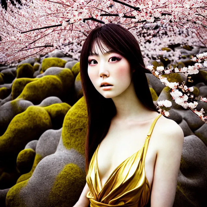 Image similar to Kodak Portra 400, 8K, soft light, volumetric lighting, highly detailed, Rena Nounen style 3/4 ,portrait photo of a Japanese ravishing Goddess by WLOP, the face emerges from a lava flowing gold travertine terraces with sakura trees, inspired by Ophelia paint , a beautiful chic dress and hair are intricate with highly detailed realistic beautiful flowers , Realistic, Refined, Highly Detailed, ethereal lighting colors scheme, outdoor fine art photography, Hyper realistic, photo realistic, masterpiece