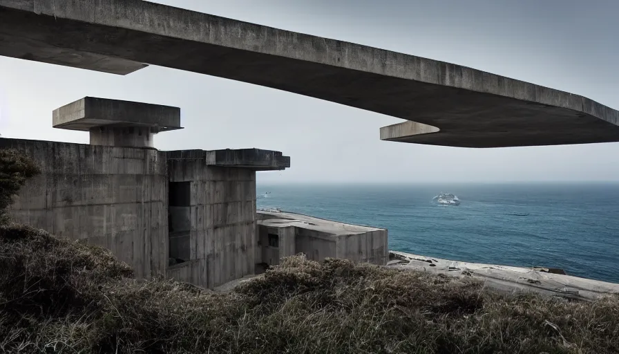 Image similar to coastal perched on a cliff overlooking a magnificient bay, bond villain base, brutalist imperial military base, drawing architecture, imperial architecture in rogue one, pritzker architecture prize, brutalism architecture, jan urschel, greig fraser