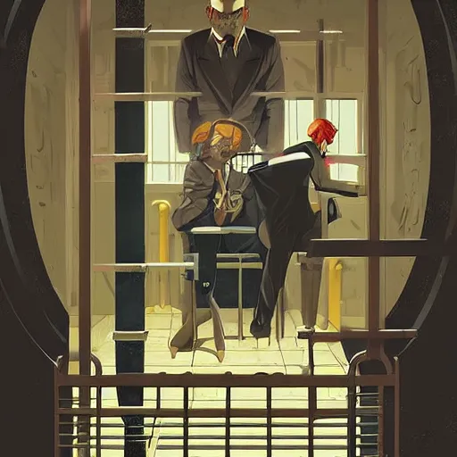 Prompt: dark prison cell with bars digital art, digital paiting, overcoat art by JC Leyendecker and sachin teng