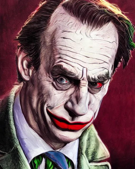 Image similar to portrait of saul goodman as the joker, event photography, art by makoto shinkai and peter elson, bernie wrightson