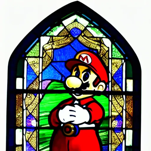 Prompt: mario in a stained glass window, beautiful, radiant