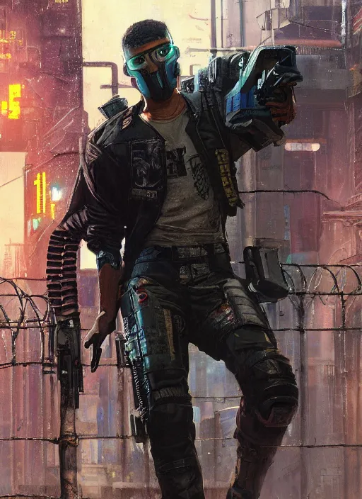 Image similar to Ezra. Cyberpunk mercenary in tactical gear scaling a security fence. rb6s, (Cyberpunk 2077), blade runner 2049, (matrix) Concept art by James Gurney, Craig Mullins and Alphonso Mucha. painting with Vivid color.