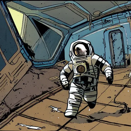 Image similar to astronaut exploring a derelict by frank miller