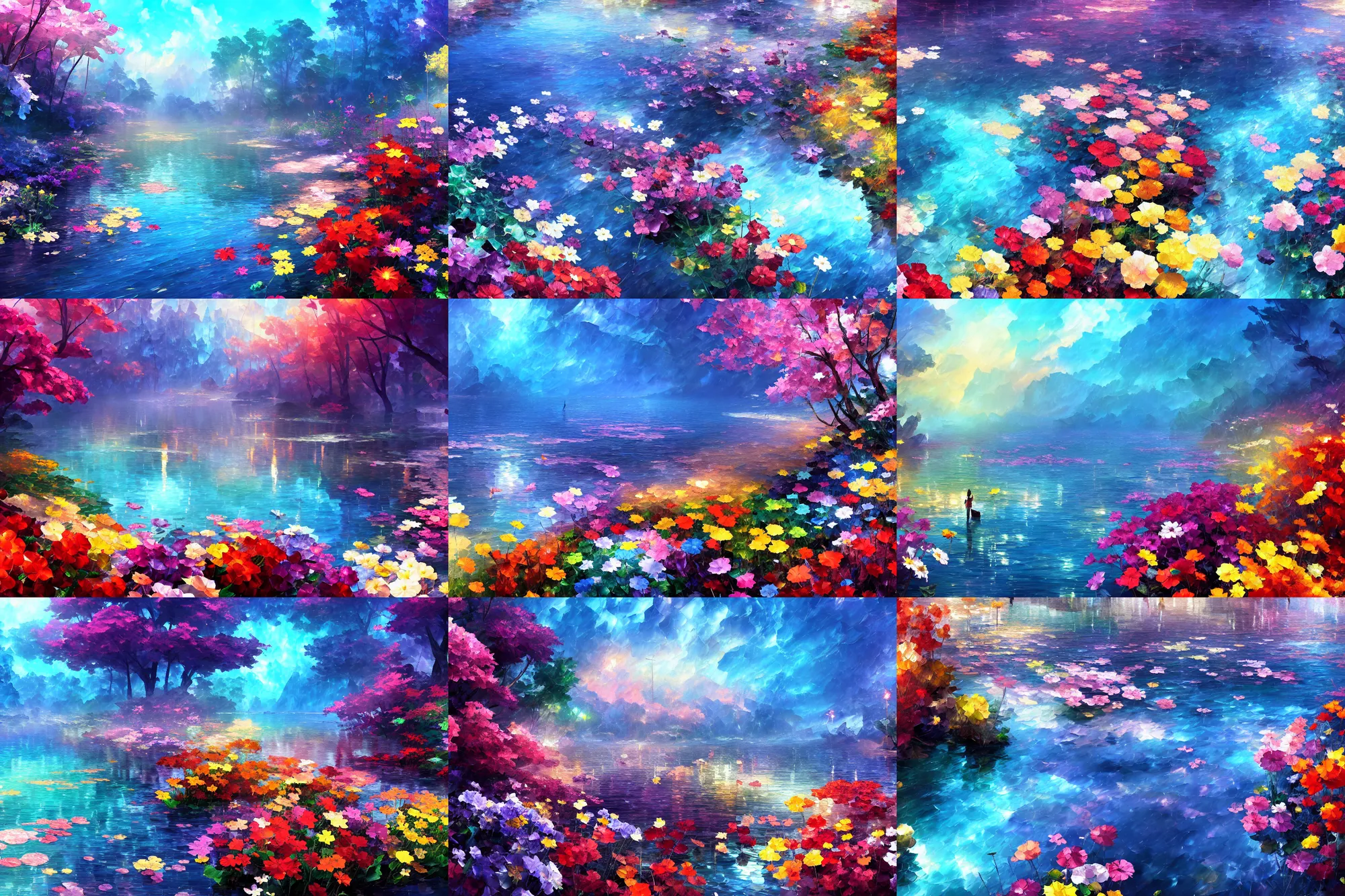 Prompt: colorful flowers under the surface of sparkling clear water by makoto shinkai and thomas kinkade, james gilleard and leonid afremov, overview, very detailed, deviantart, artstation, high quality, 4 k, ambient lighting, tone mapping