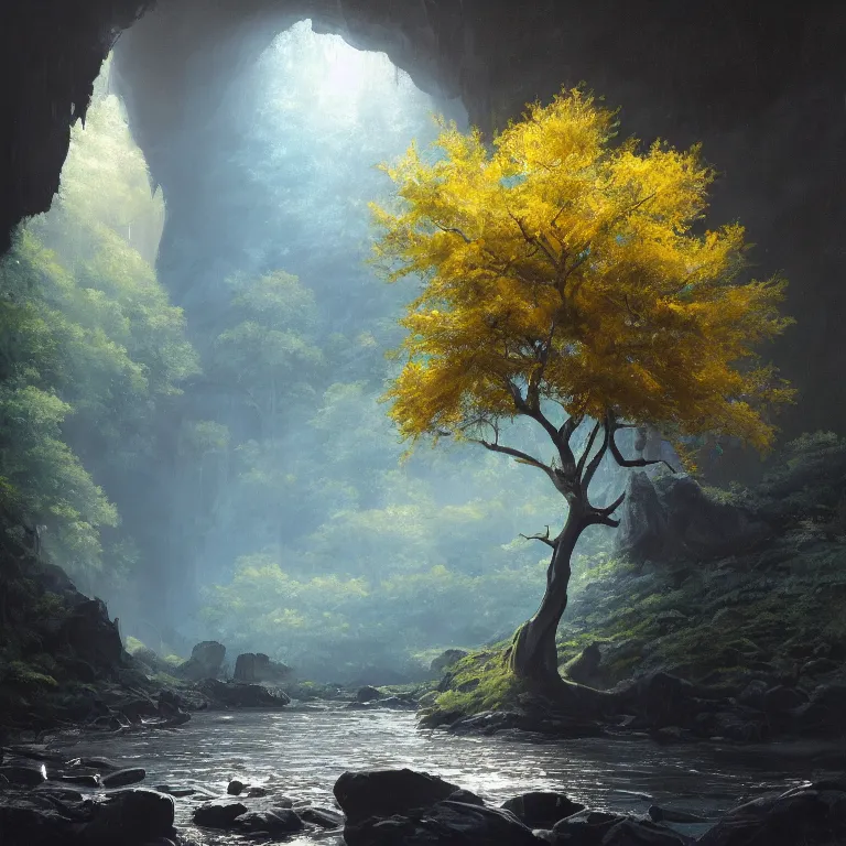 Image similar to A beautiful, highly detailed, very realistic oil painting of a single tree with rainbow leaves, next to a small river, glowing bright blue in the middle of a huge, very dark cave, with lots of dark grey rocks, oil painting by Greg Rutkowski, golden color scheme.