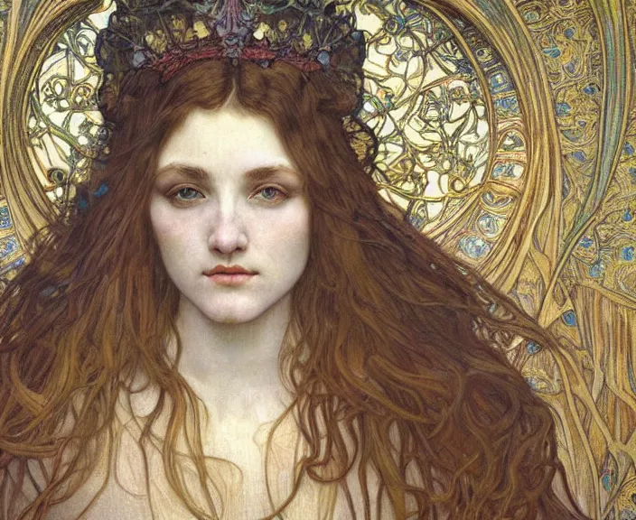 Image similar to detailed realistic beautiful young medieval queen face portrait by jean delville, alphonse mucha, vincent van gogh, and marco mazzoni, art nouveau, symbolist, visionary, gothic, pre - raphaelite