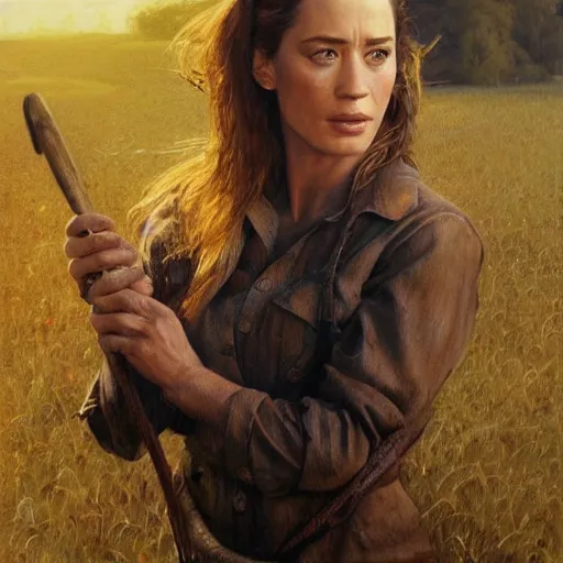 Image similar to ultra realistic portrait painting of john emily blunt as farmer, art by frank frazetta, 4 k, ultra realistic, highly detailed, epic lighting