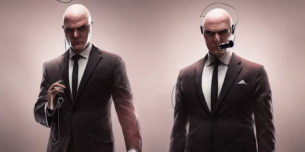 Image similar to agent 4 7 from hitman wearing headphones with wires everywhere listening to music, dark background, red rim light, smooth, sharp focus, art by ali kiani amin