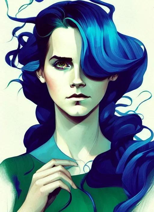 Prompt: style artgerm, joshua middleton, emma watson with green dress, very long blue hair, swirling, symmetrical face, symmetrical eyes, steampunk western gunslinger, cinematic lighting