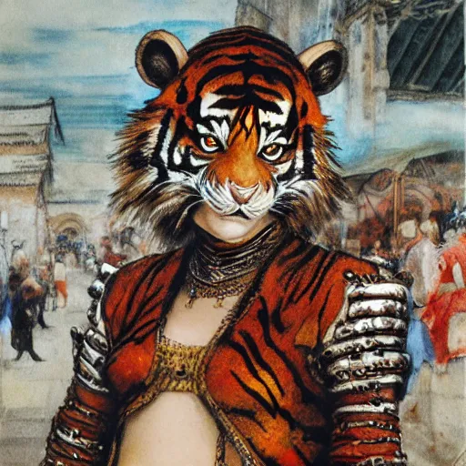 Image similar to 8k Yoshitaka Amano painting of upper body of a young cool looking slim tigress tiger beast-girl at a medieval market at windy day. Depth of field. She is wearing leather armor. Renaissance style lighting