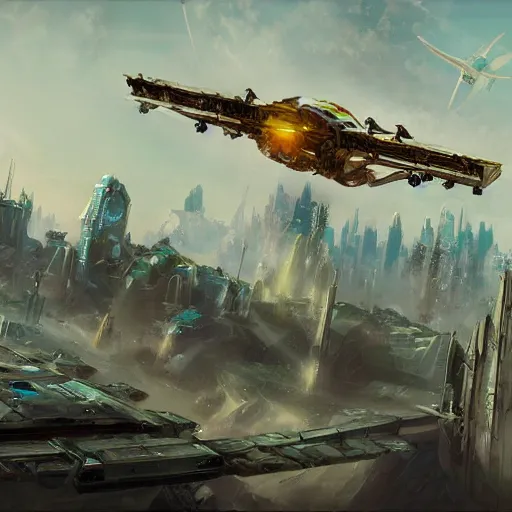 Prompt: A beautiful painting of a combine dropship flying over city 17, concept art, trending on artstation