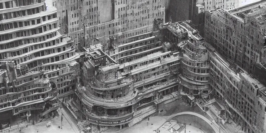 Prompt: wide angle photo of futurist building in the style of a new york central hudson locomotive. formed concrete with brass inlay. from architecture digest. i. m. pei and gaudi.