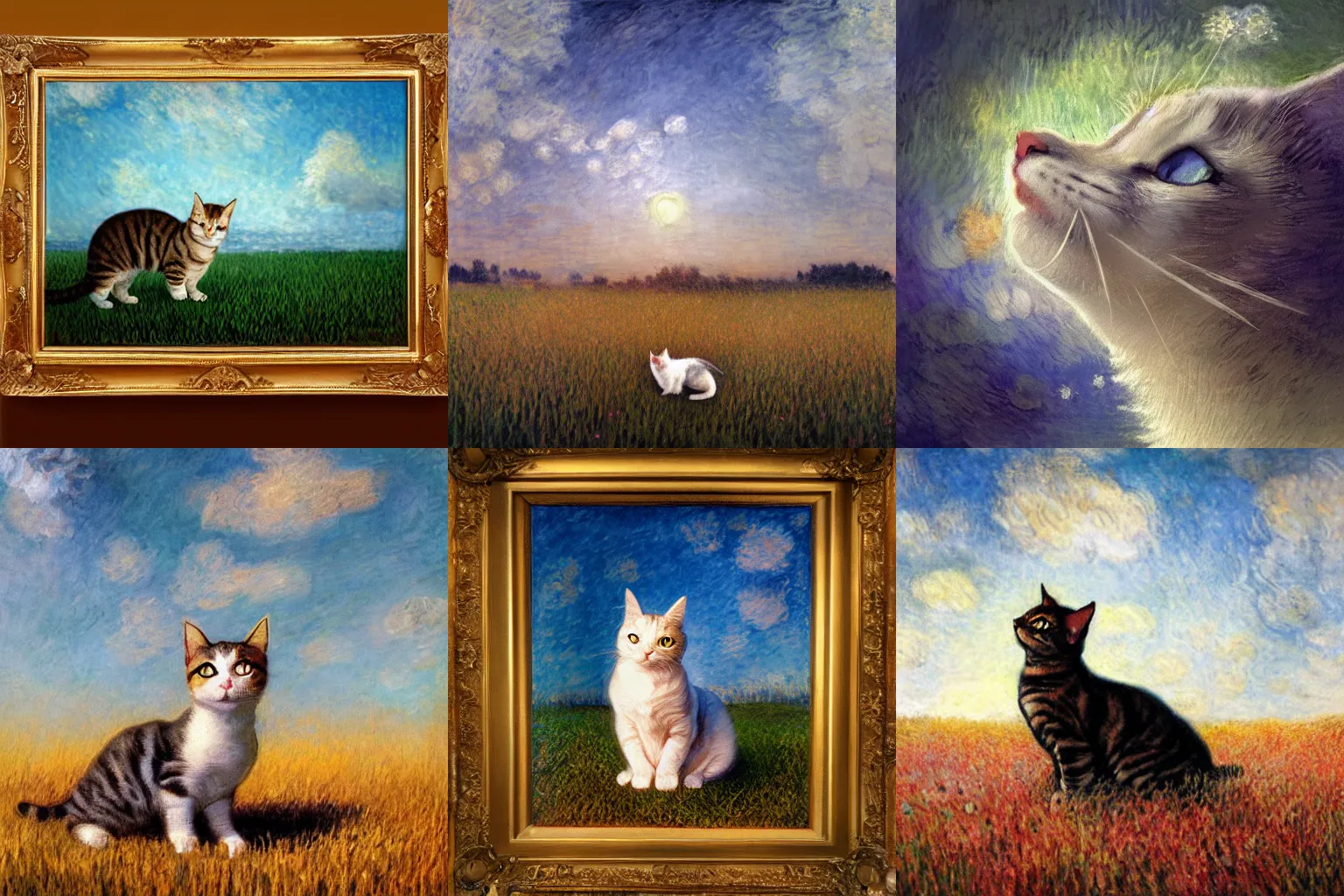 Prompt: A painting of a cat under the sky in a field, Leonardo da Vinci, Ross Tran, Claude Monet, cgsociety, Trending on Artstation