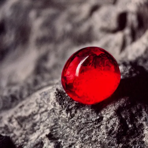 Prompt: a deep red, glowing crystal on a rock, film grain