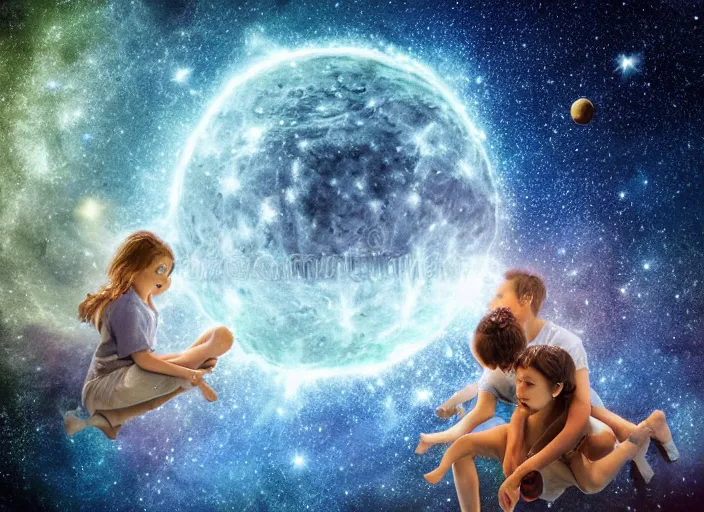 Prompt: Un ensemble d'enfants La galaxie s'étend Jardin de l'imagination Combler la lacune Voler face à la lune Vois comme nous évoluons, 8k quality, award winning photo