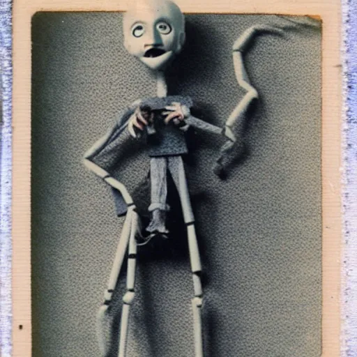 Image similar to creepy marionette puppet, horror, pediophobia, lost photograph, forgotten, final photo found before disaster, polaroid,