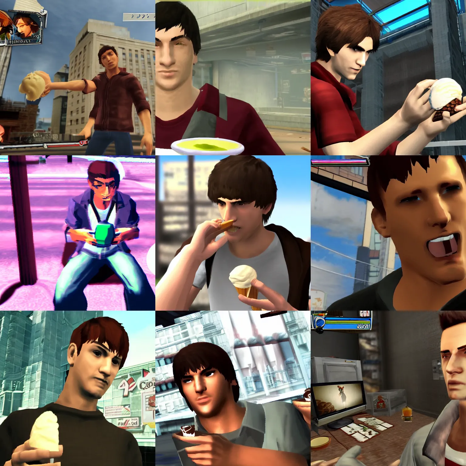 Prompt: alex mercer from prototype ( 2 0 0 9 ) eats ice cream, ps 3 gameplay screenshot