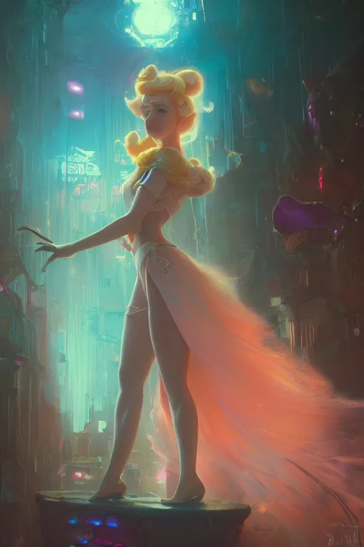 Prompt: princess peach, illustrated by Greg Rutkowski and Gaston Bussiere, 35mm lens, beautiful macro close-up imagery, vibrantly lush neon lighting, beautiful volumetric-lighting-style atmosphere, a futuristic atmosphere, intricate, detailed, photorealistic imagery, trending on artstation, 4k, 8k