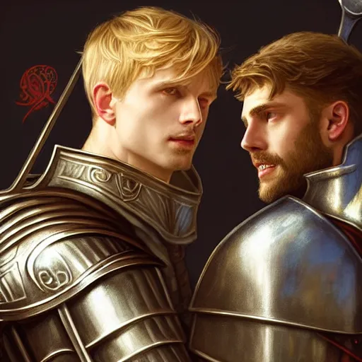 Image similar to attractive arthur pendragon and his favourite attractive male knight, they are in love, camelot, natural lighting, path traced, highly detailed, high quality, digital painting, by gaston bussiere and ross tran and j. c. leyendecker