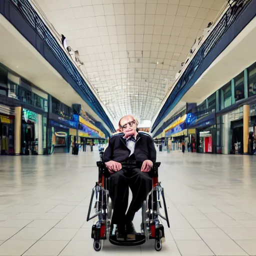 Prompt: Stephen Hawking getting lost in the mall, photography, high resolution 8k,