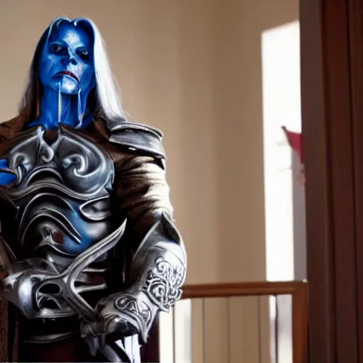 Image similar to arthas menethil as the american psycho, cinematic still