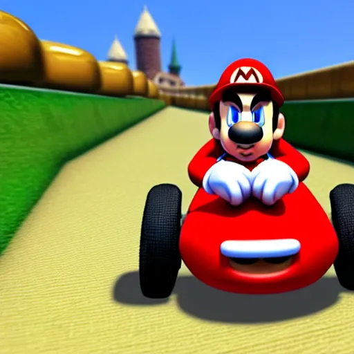 Image similar to photorealistic mr. bean in mario cart. n 6 4, nintendo, gamecube