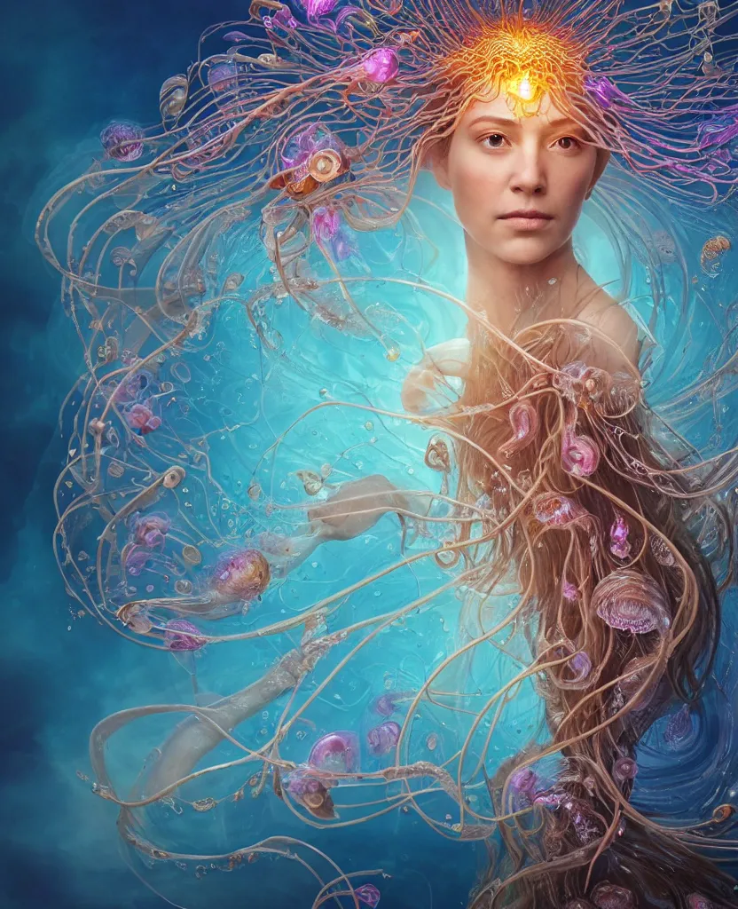 Image similar to close-up portrait of the face of a beautiful princess, surrounded by intricate twisted flowers orchid jellyfish and energy flow, water and plasma flow splashes, epic angle and pose, symmetrical artwork, 3d with depth of field, blurred background, floating jellyfish skull phoenix bird, translucent, nautilus, energy flows of water and fire. a highly detailed epic cinematic concept art CG render. made in Maya, Blender and Photoshop, octane render, excellent composition, cinematic dystopian brutalist atmosphere, dynamic dramatic cinematic lighting, aesthetic, very inspirational, arthouse. y Greg Rutkowski, Ilya Kuvshinov, WLOP, Stanley Artgerm Lau, Ruan Jia and Fenghua Zhong