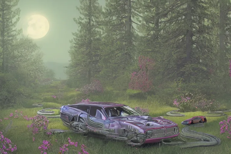 Prompt: cars, forest, moon, snakes, flowers, gothic art, 8k, ultra detailed