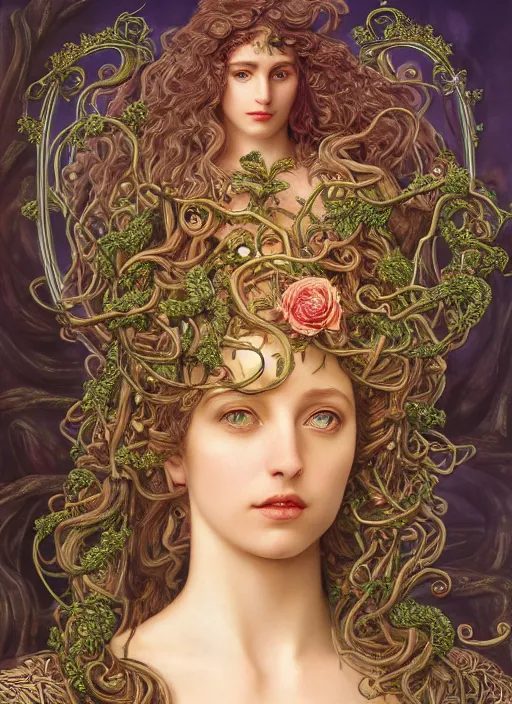 Image similar to ultradetailed ornate pre-raphaelite RPG illustration of beautiful symmetric Medusa radiating glowing aura wearing an art nouveau flowery armor with much decorum and modesty, digital airbrush painting, 3d rim light, hyperrealistic masterpiece, artstation, cgsociety, kodakchrome, golden ratio