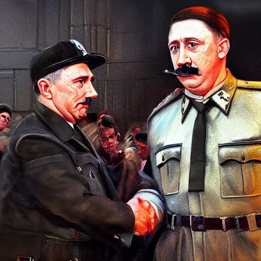 Image similar to hyperrealistic mixed media high resolution painting of James Franco disguised as Adolf Hitler shaking hands with John Goodman, stunning 3d render inspired art by István Sándorfi and Greg Rutkowski and Unreal Engine, perfect facial symmetry, dim volumetric lighting, 8k octane beautifully detailed render, full body shot, post-processing, extremely hyper-detailed, intricate, epic composition, highly detailed attributes, highly detailed atmosphere, cinematic lighting, masterpiece, trending on artstation, very very detailed, masterpiece, stunning, flawless structure, lifelike texture, perfection,