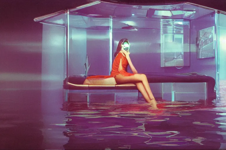 Image similar to high-angle view of a Italian vivacious female shrimp human hybrids wearing vacuum tube amp discowear with transparent digital number readout floating in front of face, sitting inside of a flooded 1970s luxury bungalow cabin with infinity mirror table, submersible vessel seamlessly clipping through wall, suspended soviet computer console on ceiling, ektachrome color photograph, volumetric lighting, off-camera flash, 24mm f8 aperture