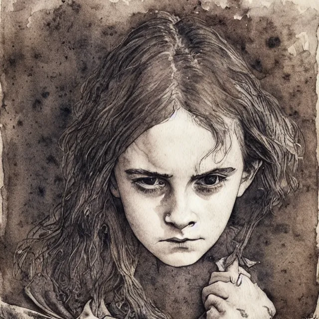 Prompt: a detailed, intricate watercolor and ink portrait illustration with fine lines of frightened, scared young 1 4 year old emma watson, crying face contorted with fear, open mouth screaming in unspeakable terror, by arthur rackham and edmund dulac and lisbeth zwerger