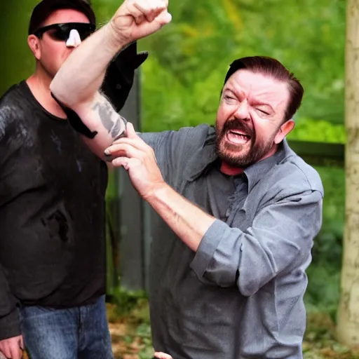 Prompt: Ricky gervais fighting a zomibe