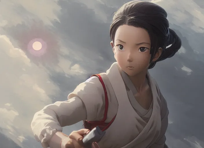 Image similar to a 3 d film animation still portrait of a 2 0 4 0's manga heroine, finely detailed features, sun light, painted by greg rutkowski, akira toriyama studio ghibli